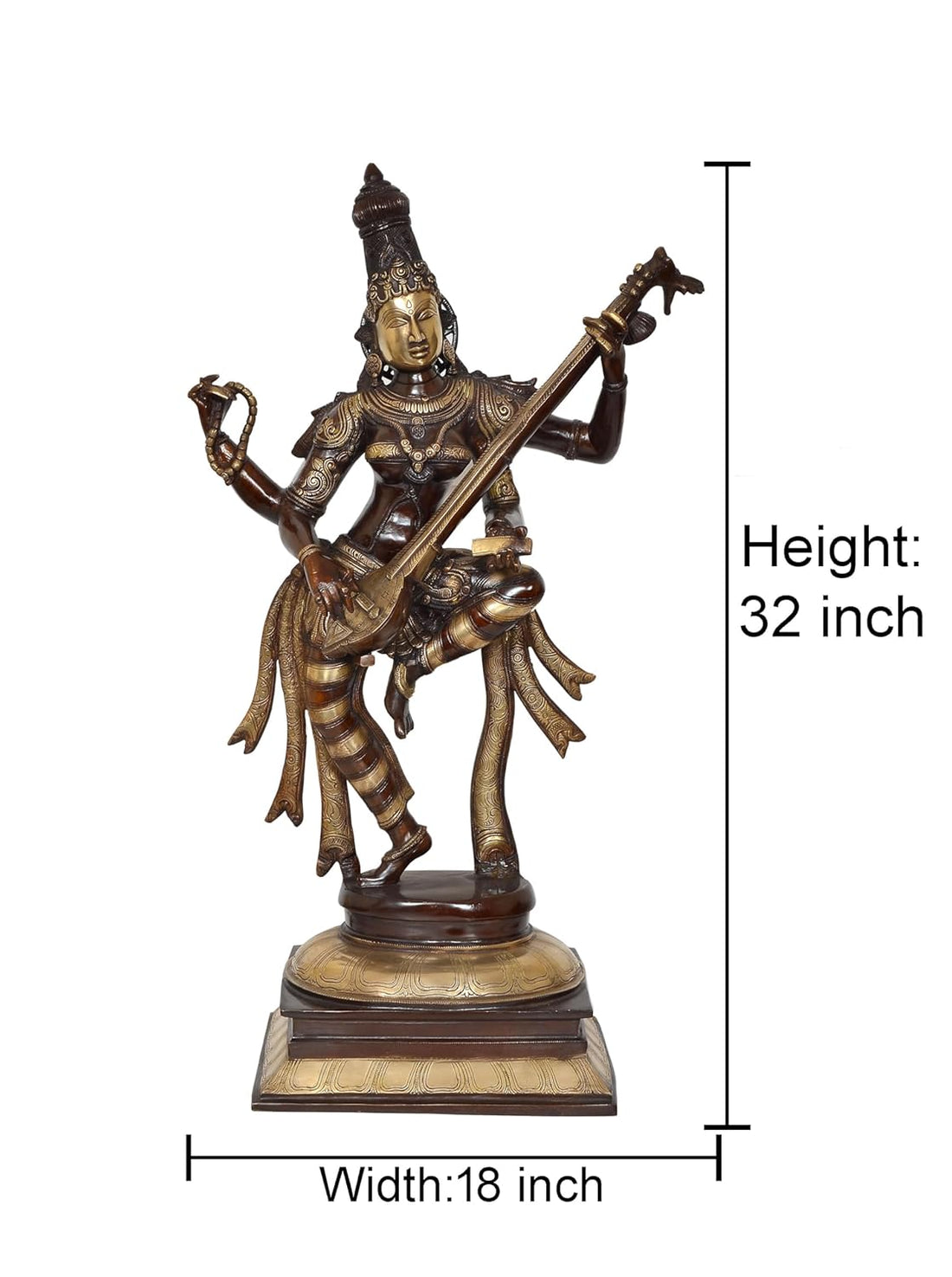 Brass Sarasvati Sculpture standing on Base 32"