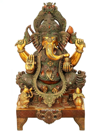 Brass Large Size Ganesha Statue Gold Copper Green Finished 33" craftsview