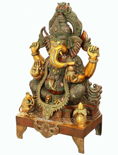 Brass Large Size Ganesha Statue Gold Copper Green Finished 33" craftsview