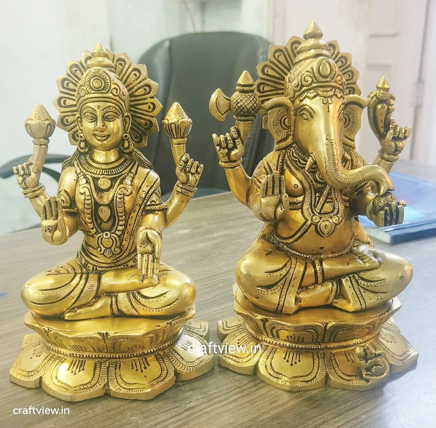 9" Brass Superfine Exquisite Ganesha Lakshmi Idols pair Craftsview