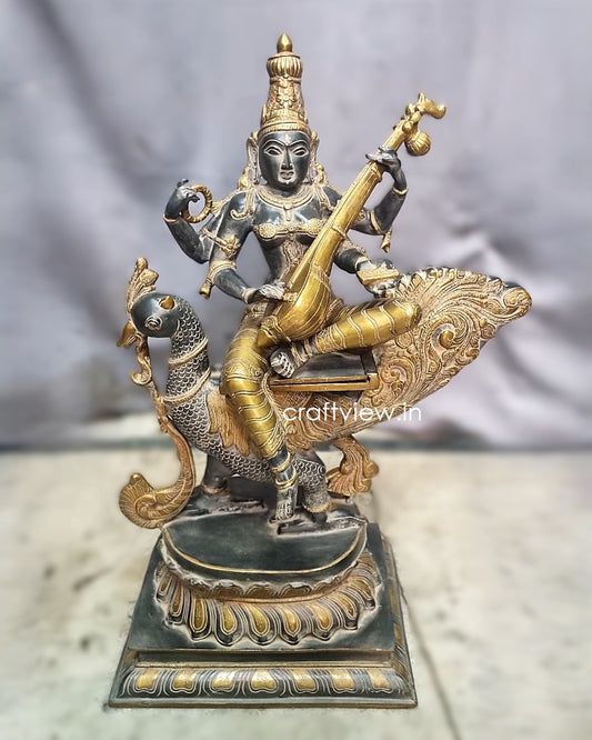 Significance of Sarasvati in Brass Art Sculpture Sitting On Peacock