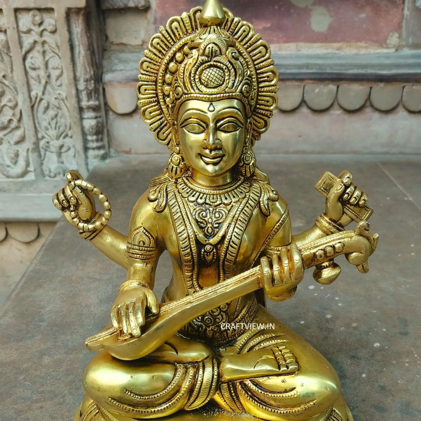 Brass Sarasvati Statue Fine Carving 14" Craftsview