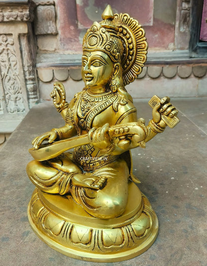 Brass Sarasvati Statue Fine Carving 14" Craftsview