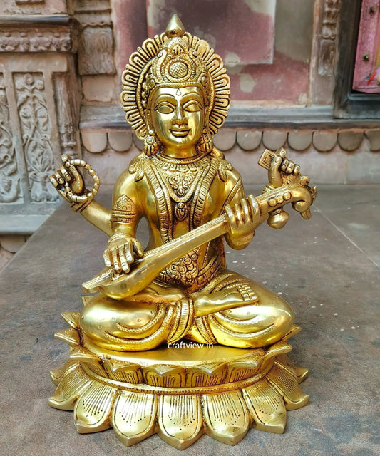 Brass Sarasvati Statue Fine Carving 15" Craftsview