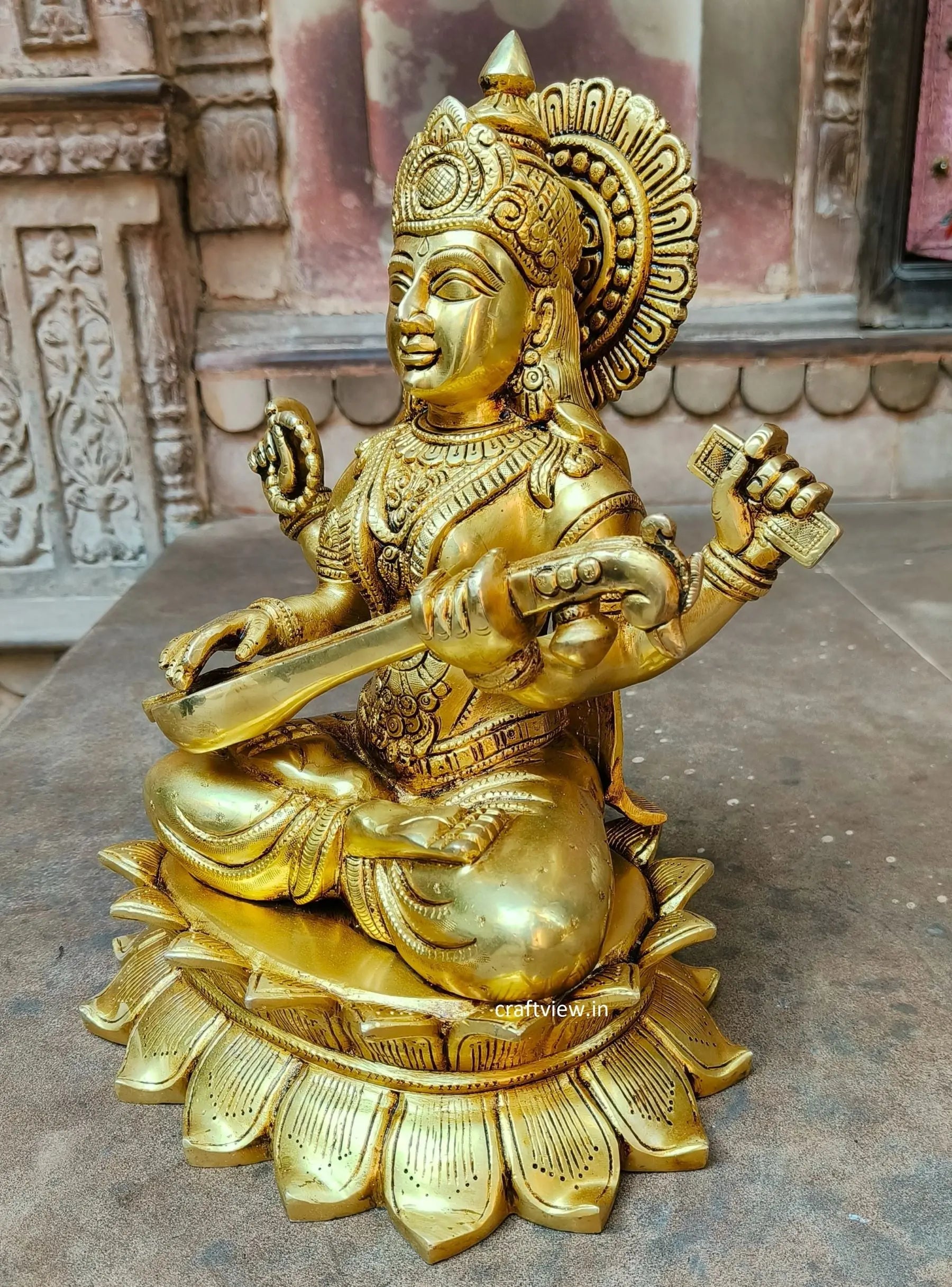 Brass Sarasvati Statue Fine Carving 15" Craftsview