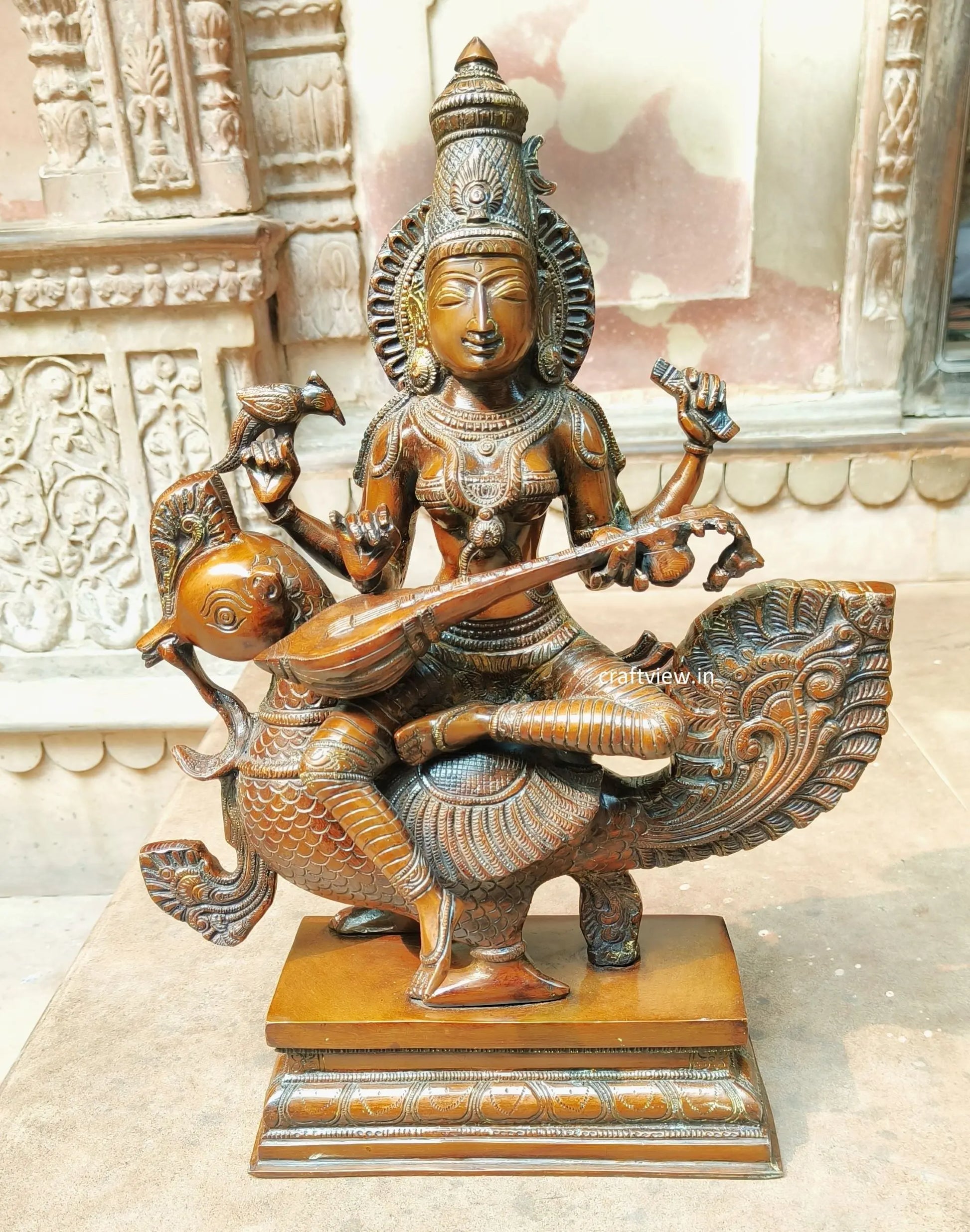 Sarasvati Sculpture Sitting On Peacock Copper Bronze finished craftsview