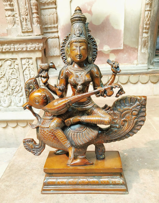 Sarasvati Sculpture Sitting On Peacock Copper Bronze finished craftsview