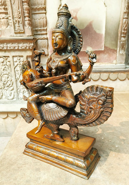 Sarasvati Sculpture Sitting On Peacock Copper Bronze finished craftsview