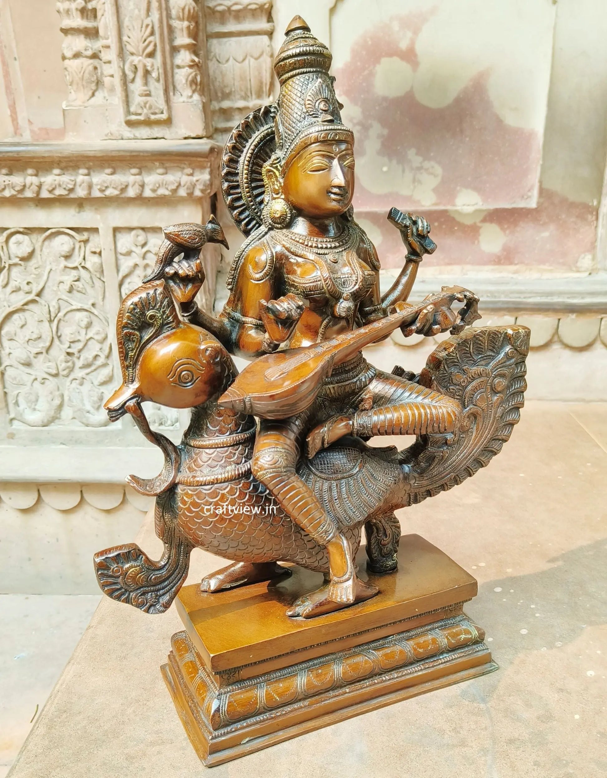 Sarasvati Sculpture Sitting On Peacock Copper Bronze finished craftsview