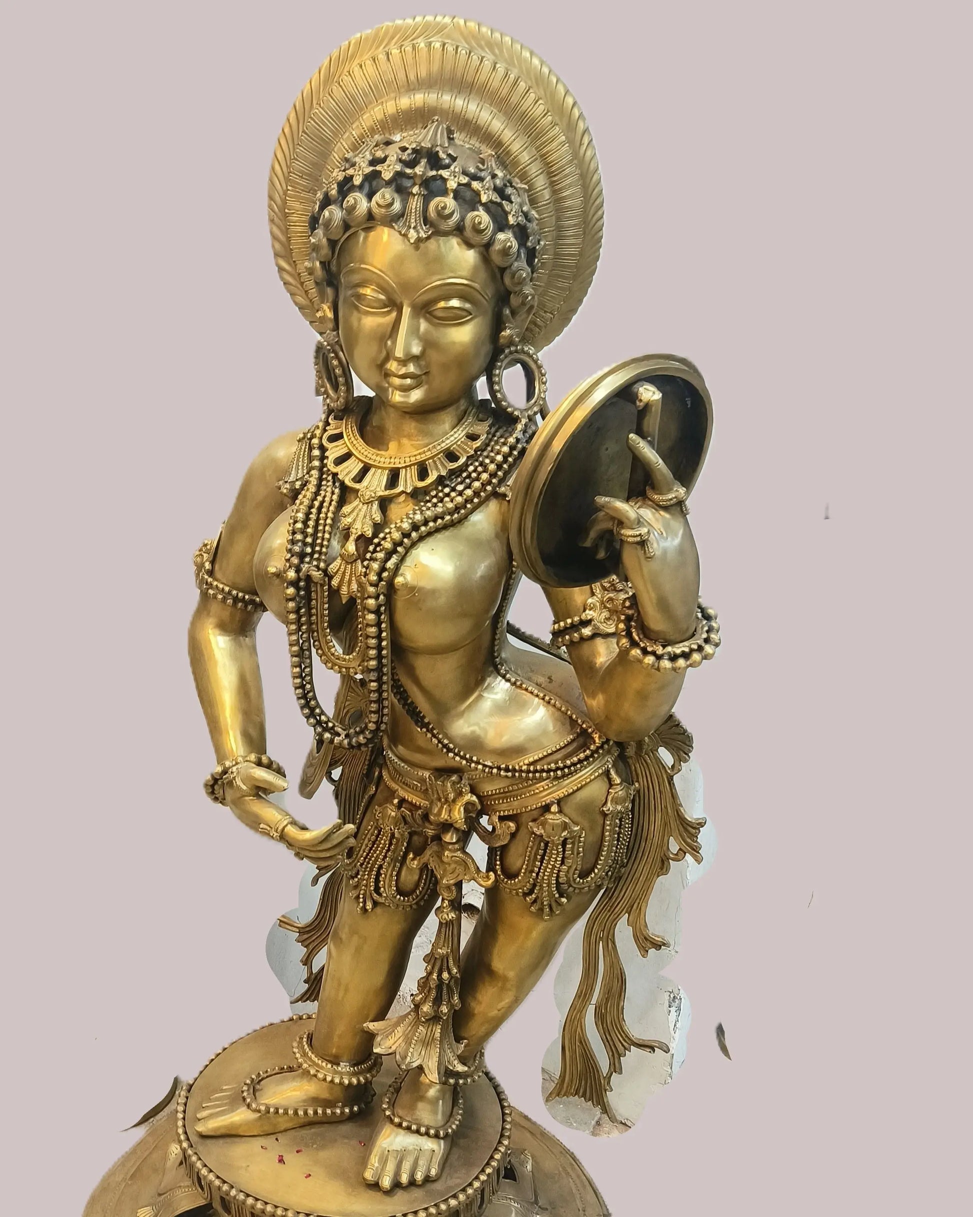 54" Apsara Holding a Mirror Sculpture Pure Bronze - Craftview