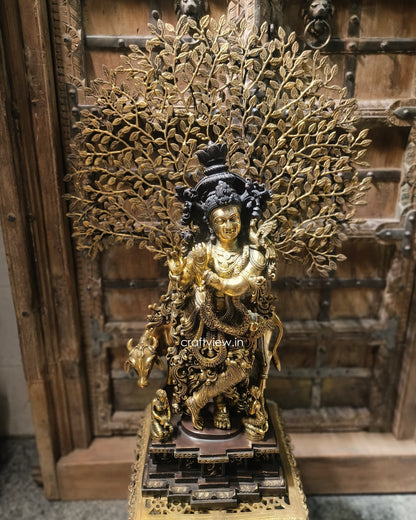 Brass Lord Krishna Sculpture With Tree 36"