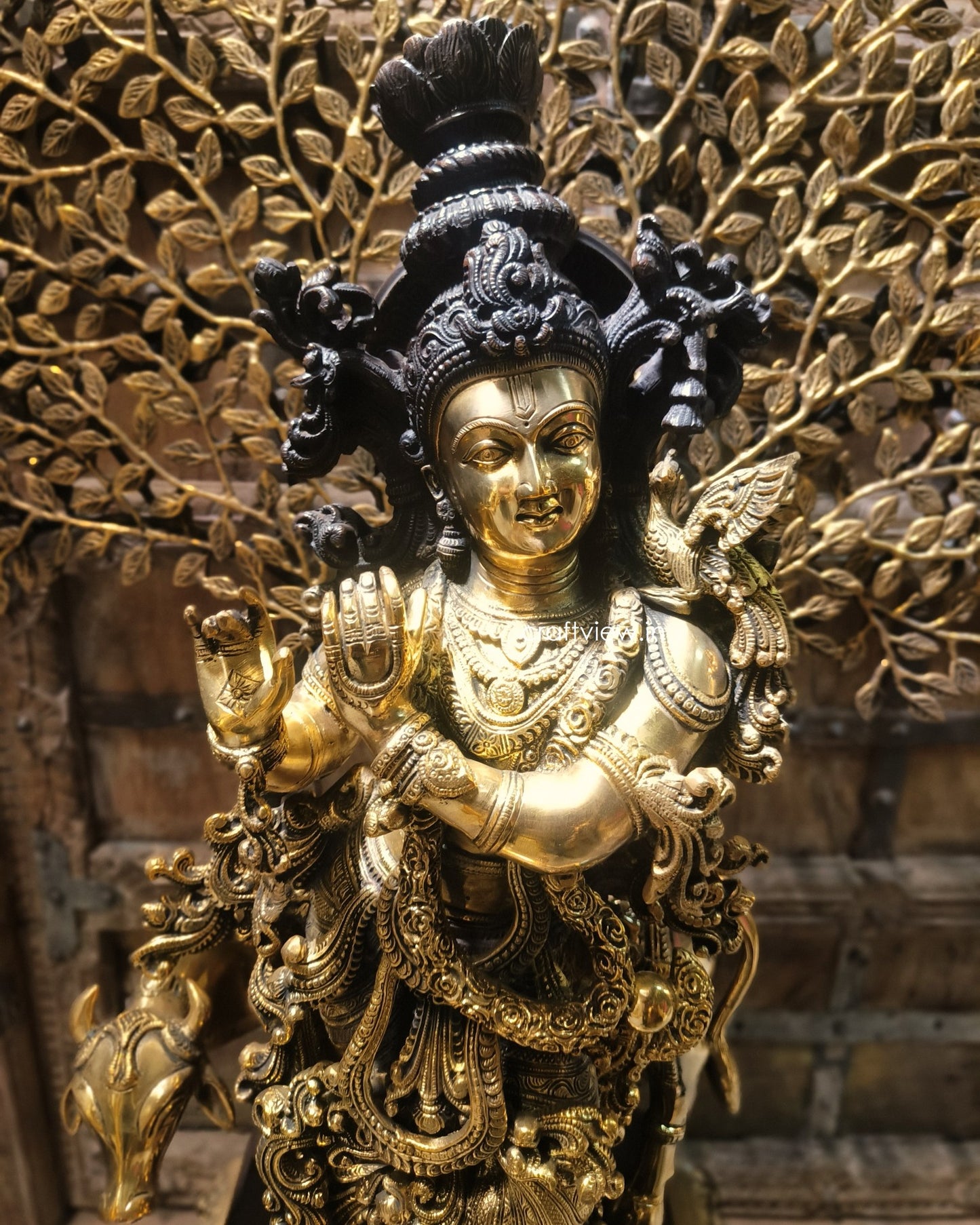 Brass Lord Krishna Sculpture With Tree 36"