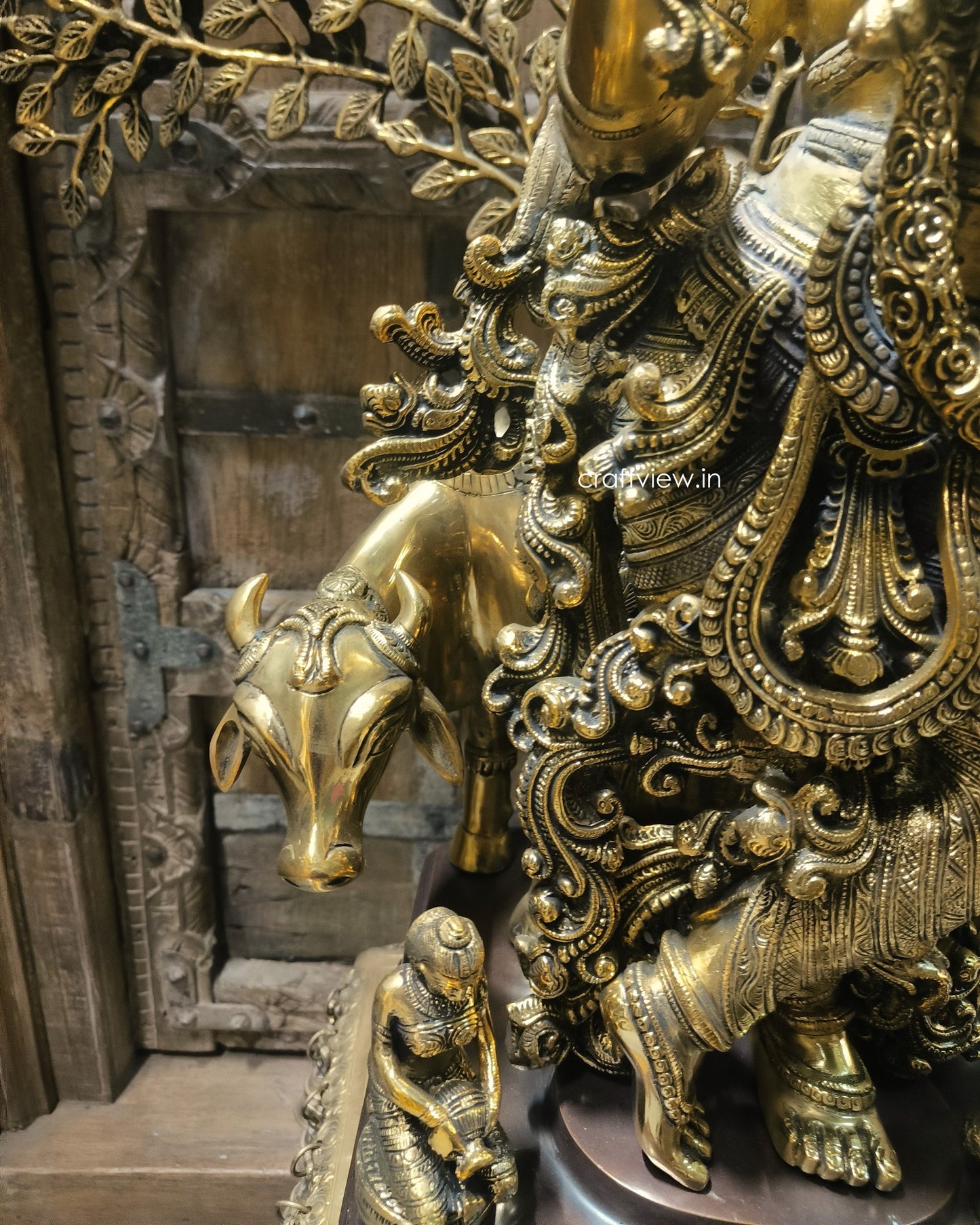 Brass Lord Krishna Sculpture With Tree 36"