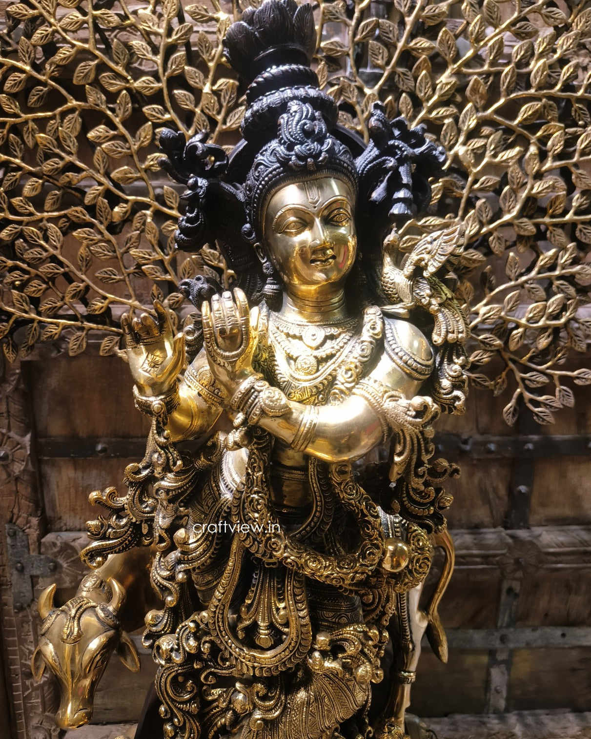 Brass Lord Krishna Sculpture With Tree 36"