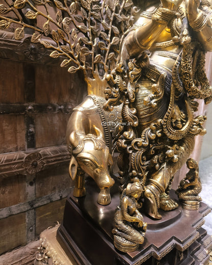 Brass Lord Krishna Sculpture With Tree 36"