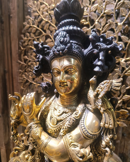 Brass Lord Krishna Sculpture With Tree 36"
