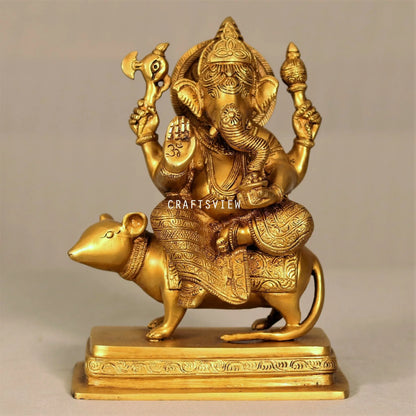 Brass Lord Ganesha Statue Sited On Musak 10" craftsview