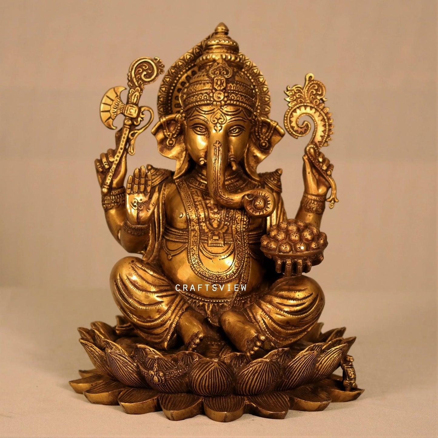 Brass Lord Ganesha Idol Sited On Lotus Base craftsview