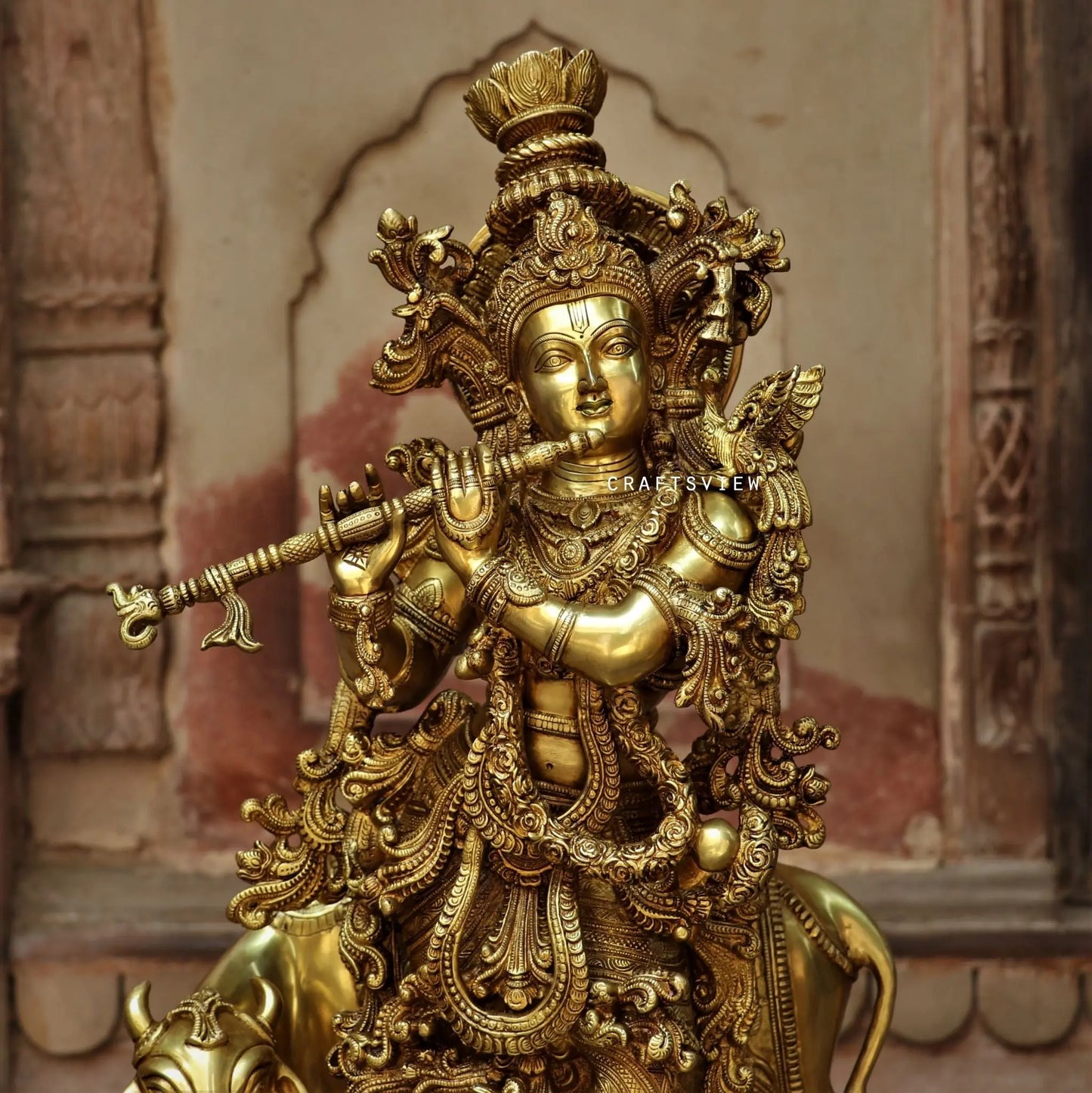 Lord Cow Krishna stands on an engraved base 28" craftsview