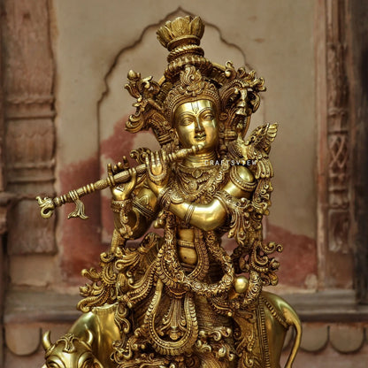 Lord Cow Krishna stands on an engraved base 28" craftsview