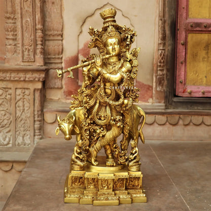 Lord Cow Krishna stands on an engraved base 28" craftsview