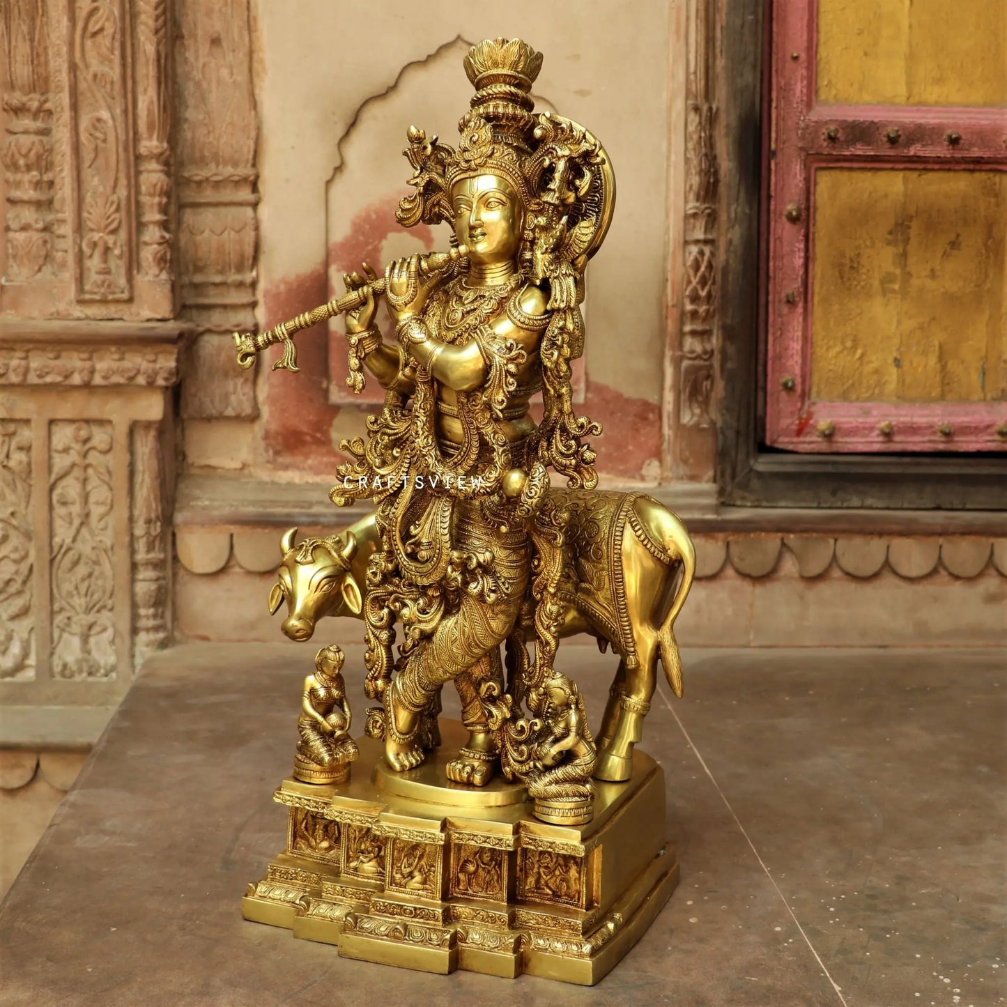 Lord Cow Krishna stands on an engraved base 28" craftsview