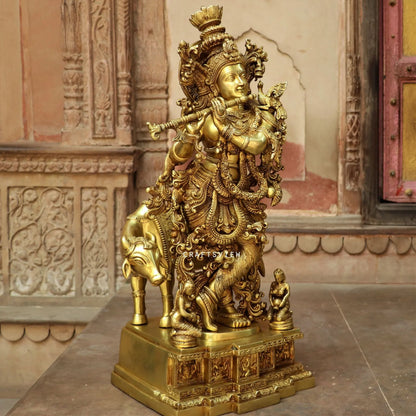 Lord Cow Krishna stands on an engraved base 28" craftsview