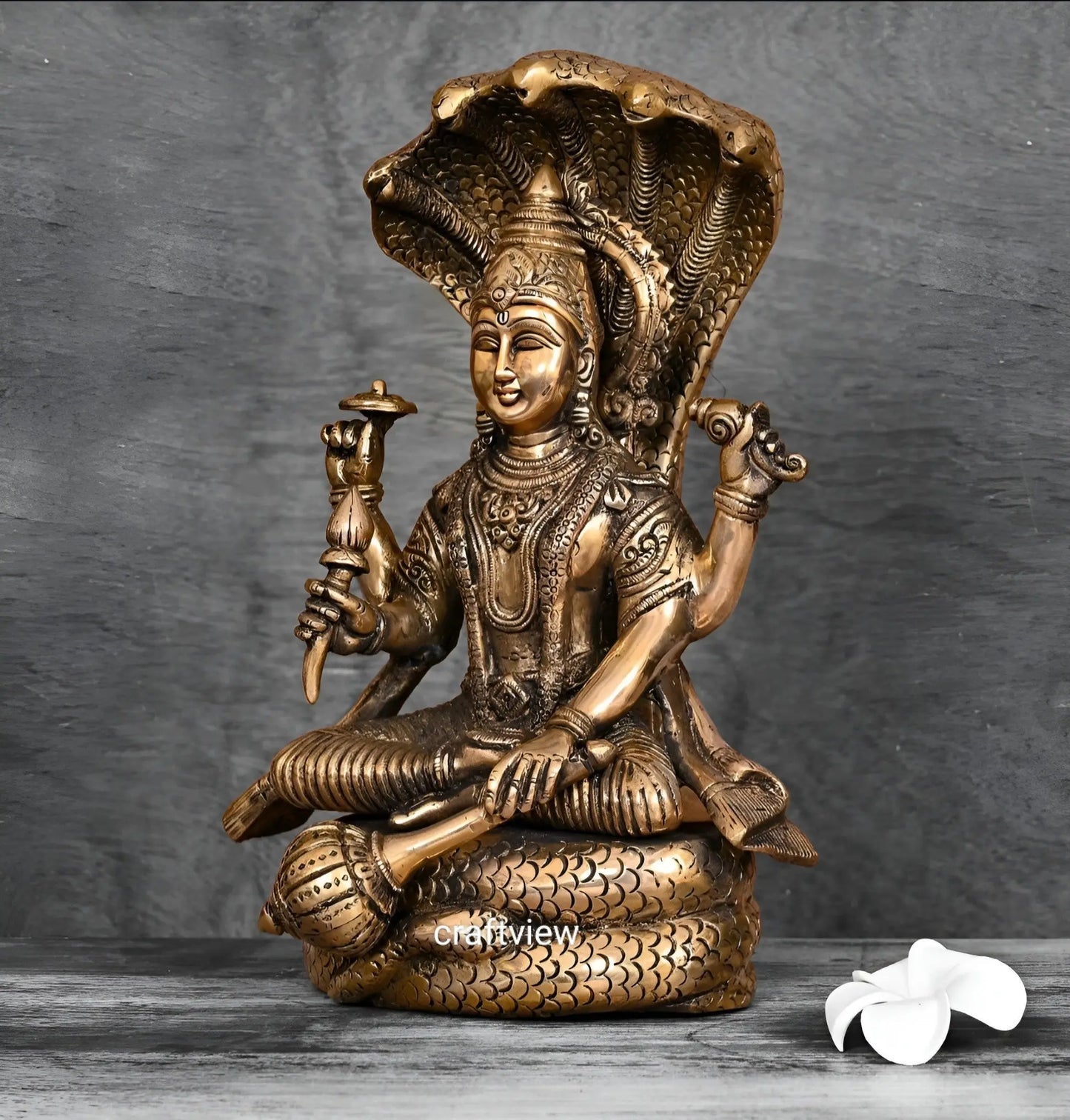 Brass Vishnu Sculpture with Shesh Naag 12.5" craftsview