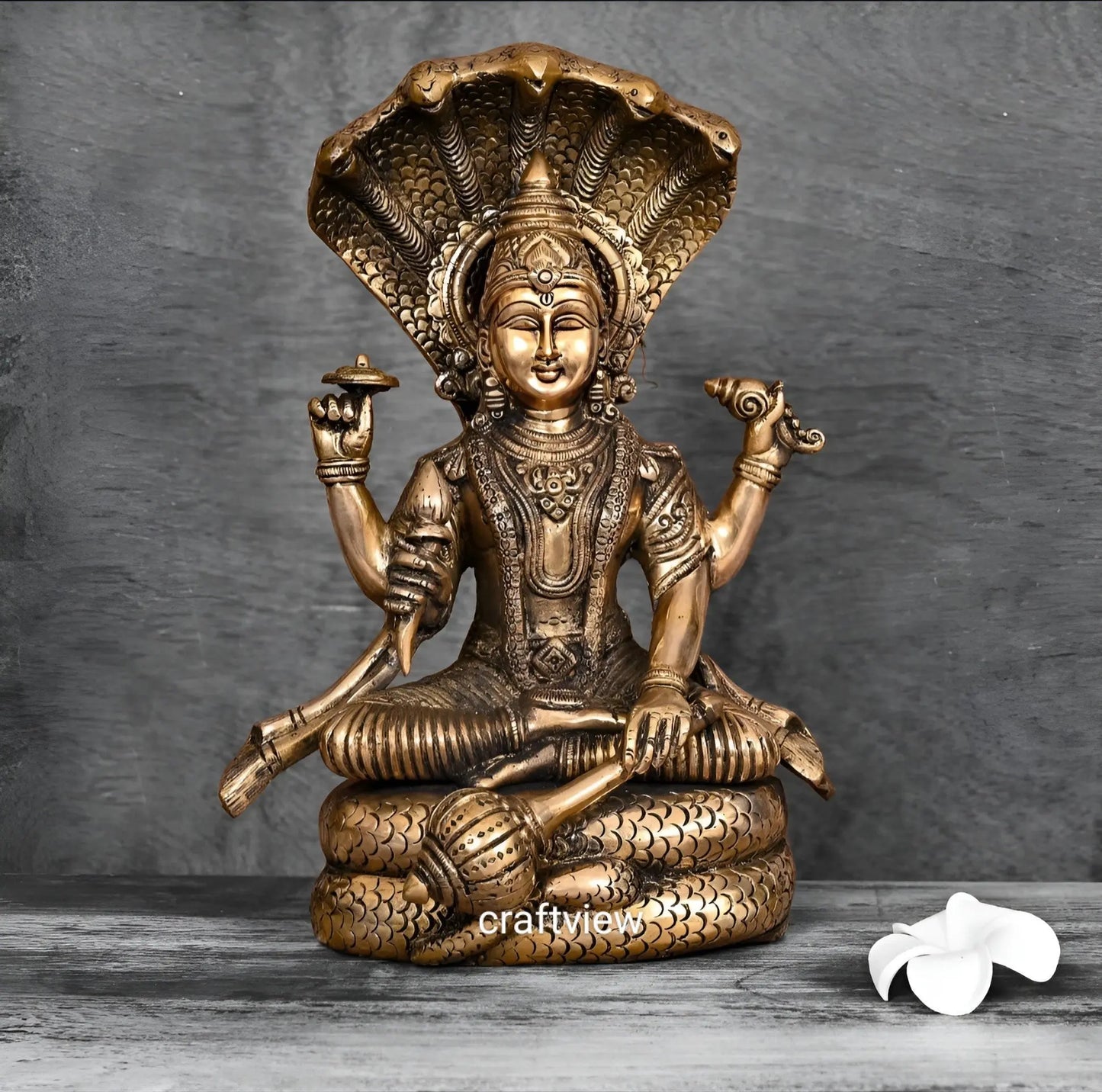 Brass Vishnu Sculpture with Shesh Naag 12.5" craftsview