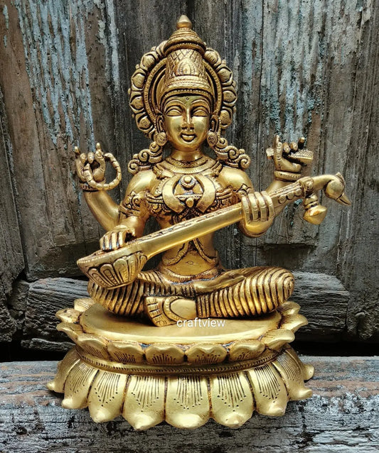 Brass Sarasvati Idol sitting on lotus 11" craftsview