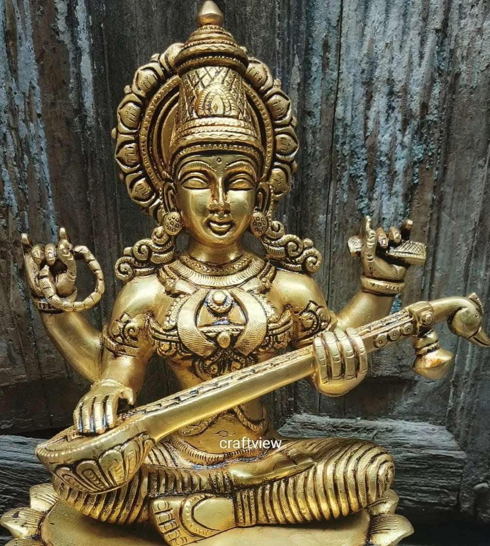 Brass Sarasvati Idol sitting on lotus 11" craftsview