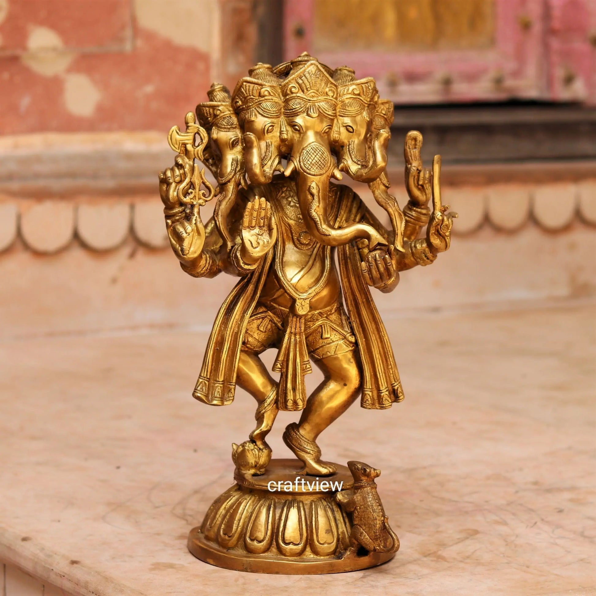 Brass Panchmukhi Dancing Ganesh Statue 15" craftsview