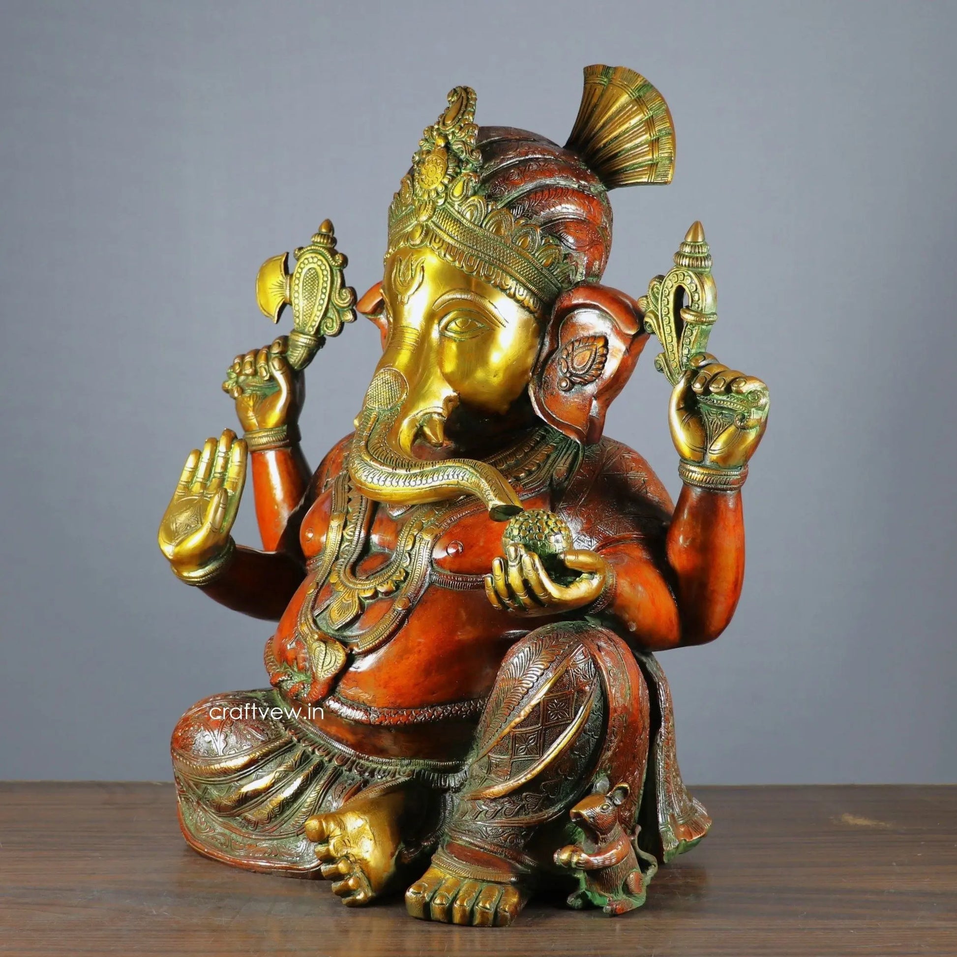 Brass Pagadi Ganesh Statue Sitting on Lalitsana. Copper Brown craftsview