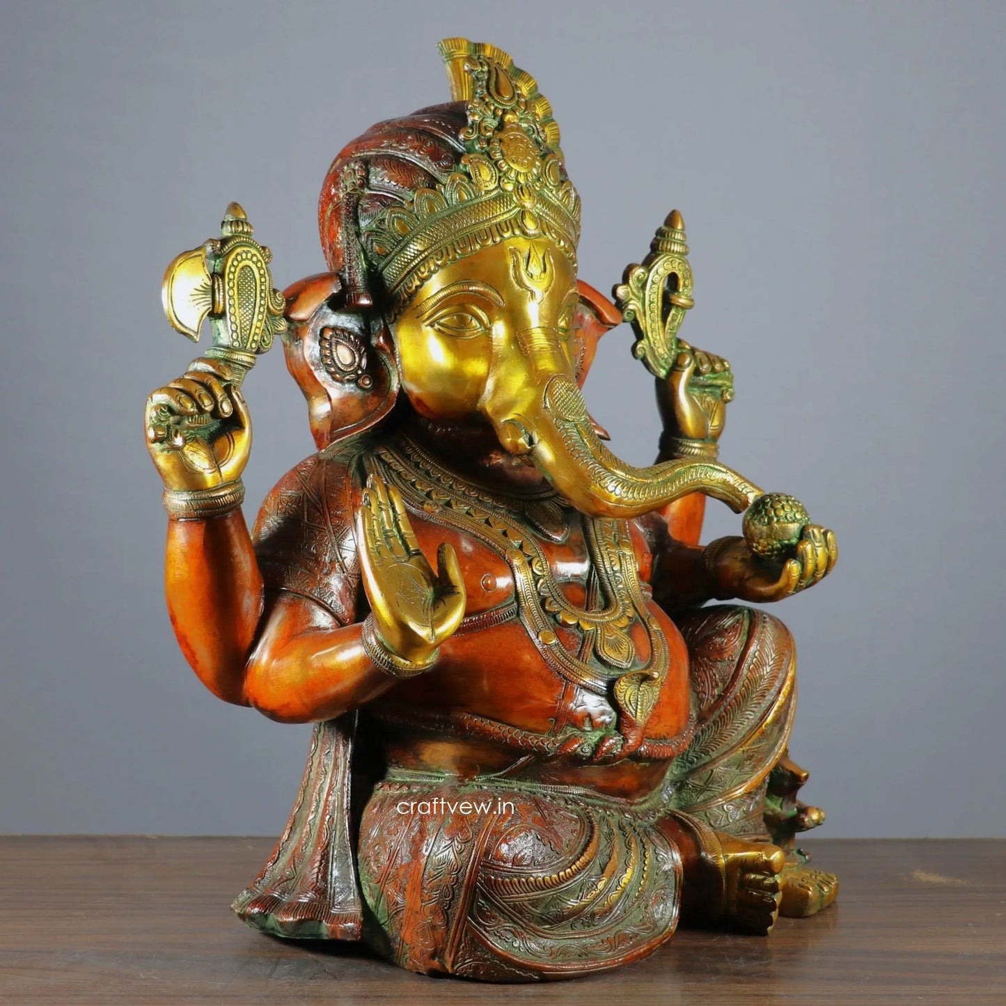 Brass Pagadi Ganesh Statue Sitting on Lalitsana. Copper Brown craftsview