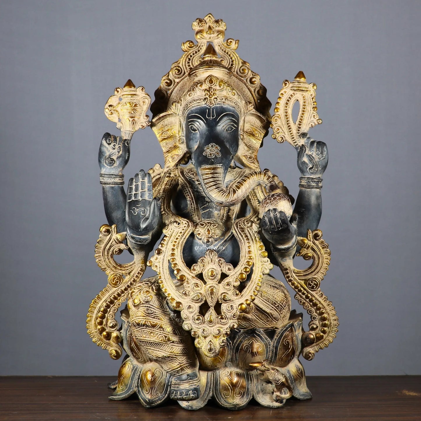 Brass Ganesh Idol Sited on Lotus 21" craftsview