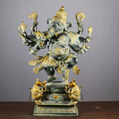 Brass Dashbhuja Ganesh Statue Vintage finished craftsview