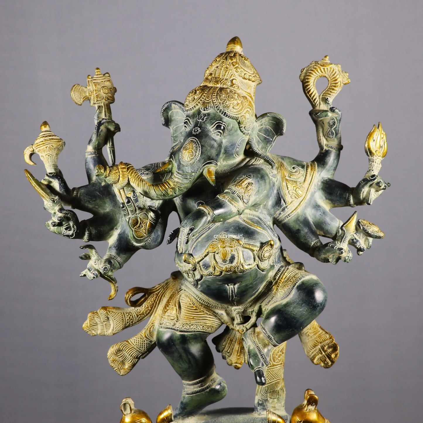 Brass Dashbhuja Ganesh Statue Vintage finished craftsview