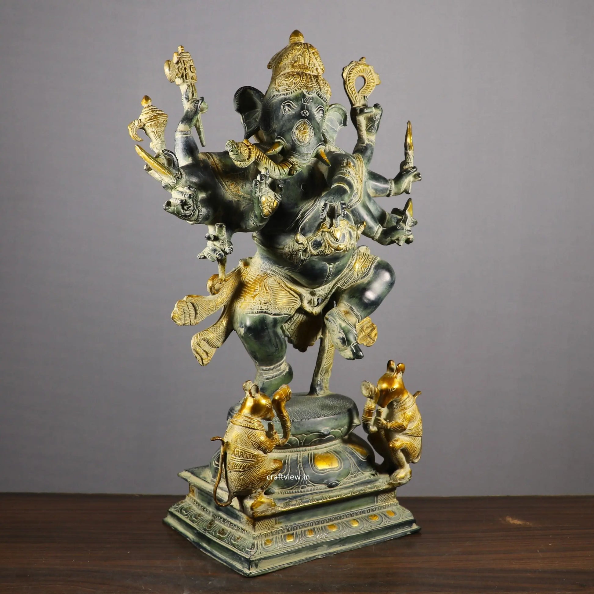 Brass Dashbhuja Ganesh Statue Vintage finished craftsview