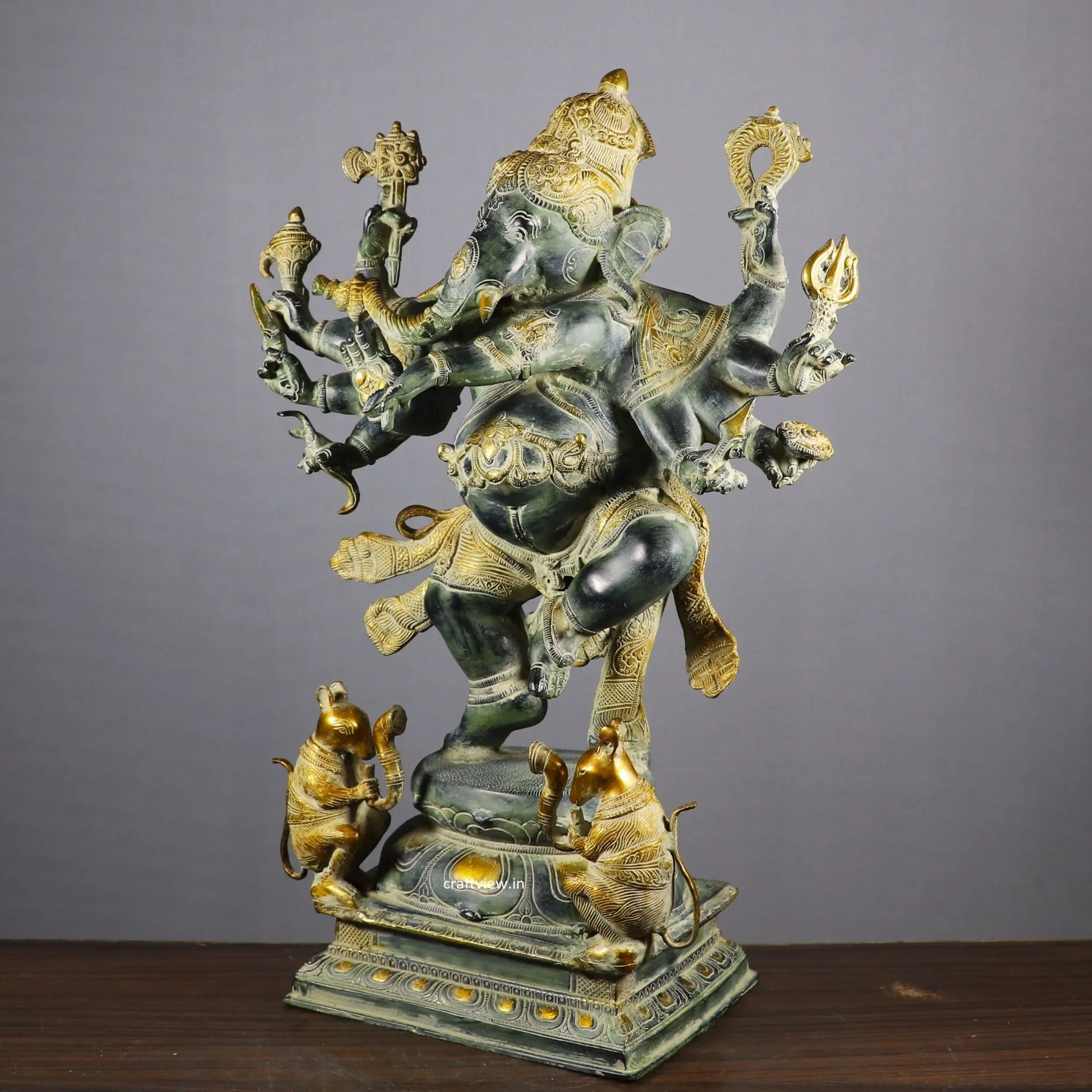 Brass Dashbhuja Ganesh Statue Vintage finished craftsview