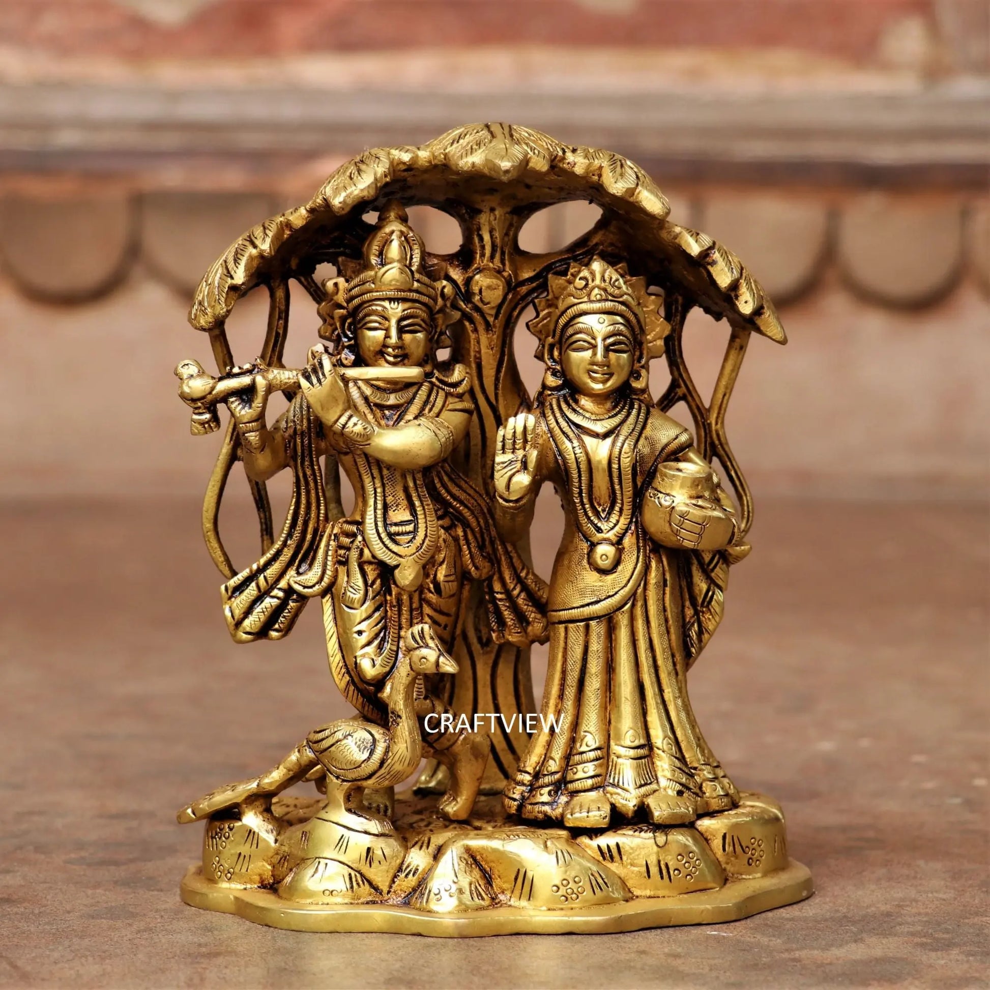 7" Brass Lord Radha Krishna Statue With Tree Craftsview