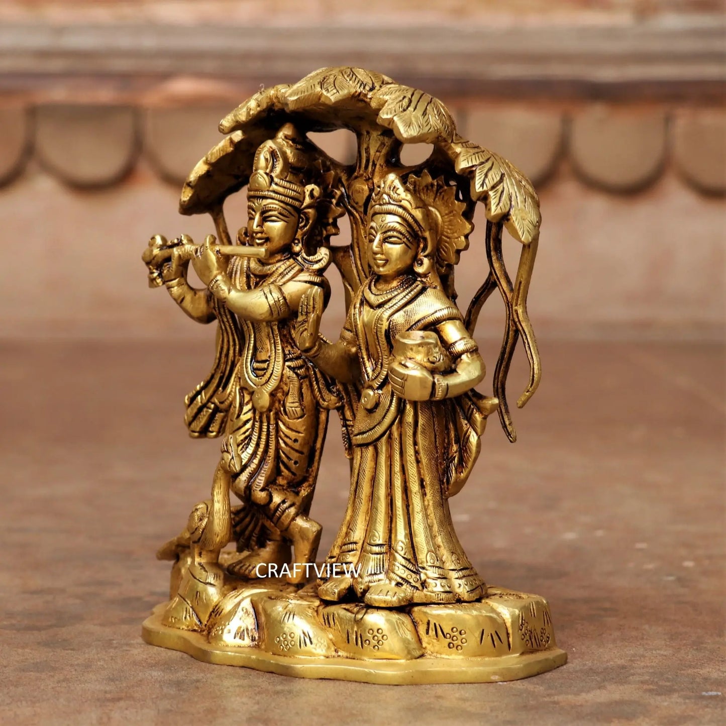 7" Brass Lord Radha Krishna Statue With Tree Craftsview