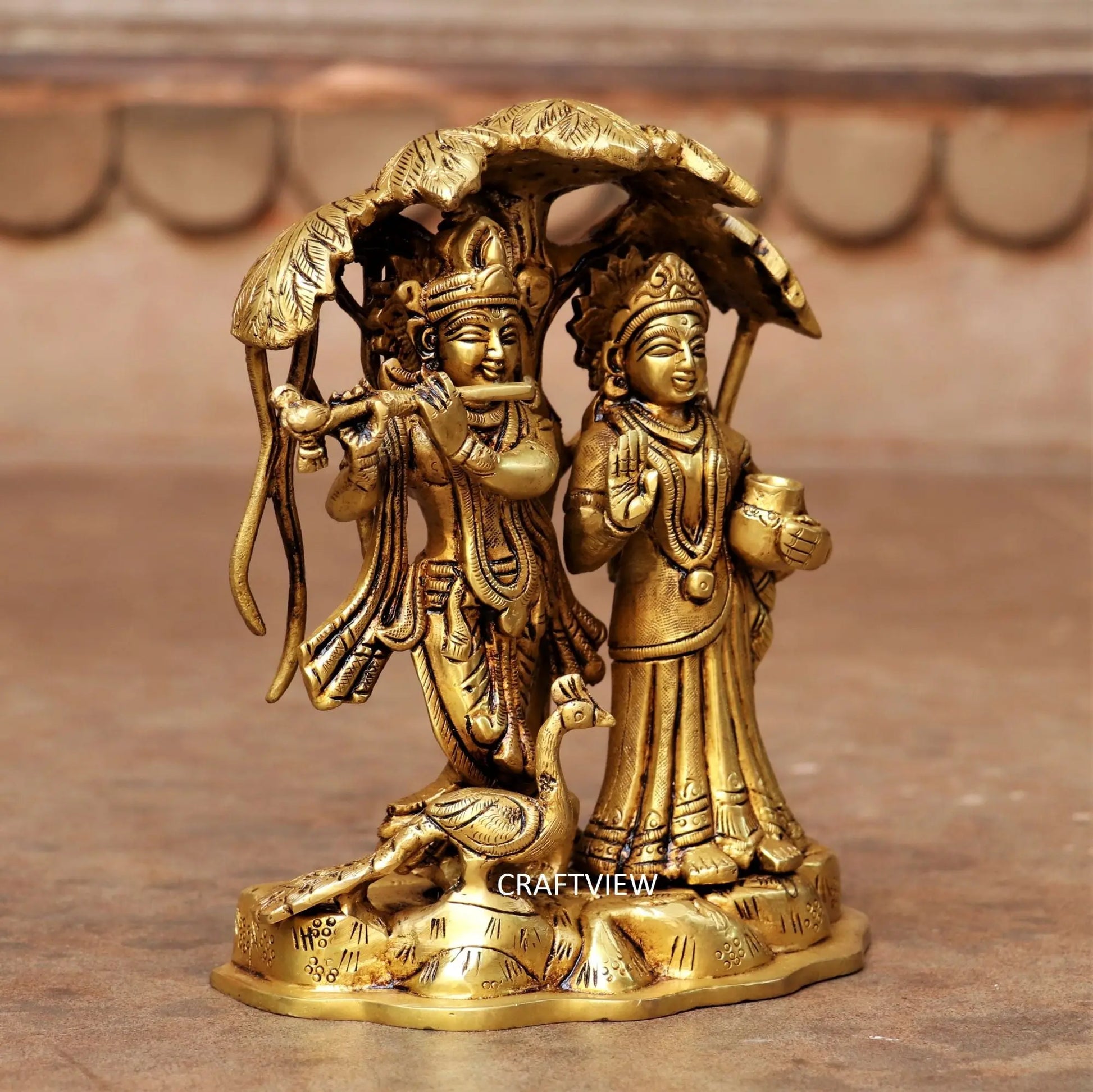 7" Brass Lord Radha Krishna Statue With Tree Craftsview