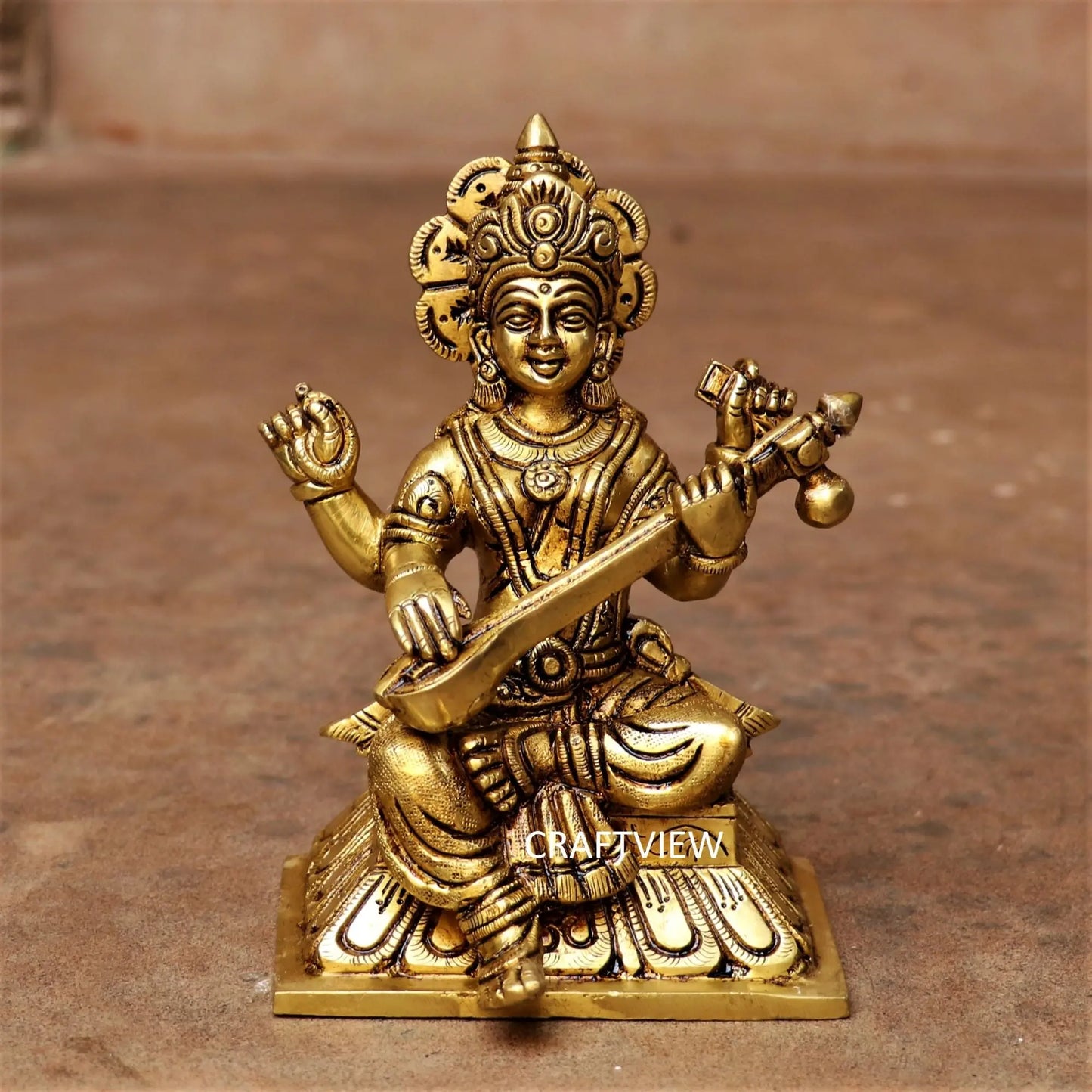 Brass Sarasvati Statue Sitting On Base 6" craftsview