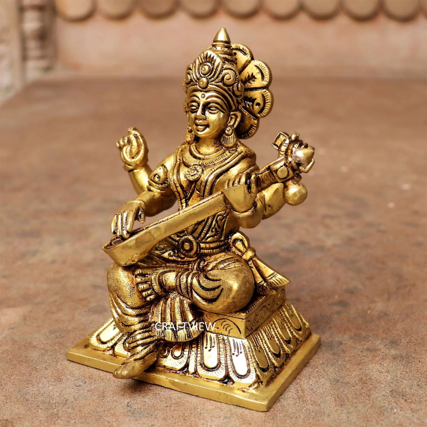 Brass Sarasvati Statue Sitting On Base 6" craftsview