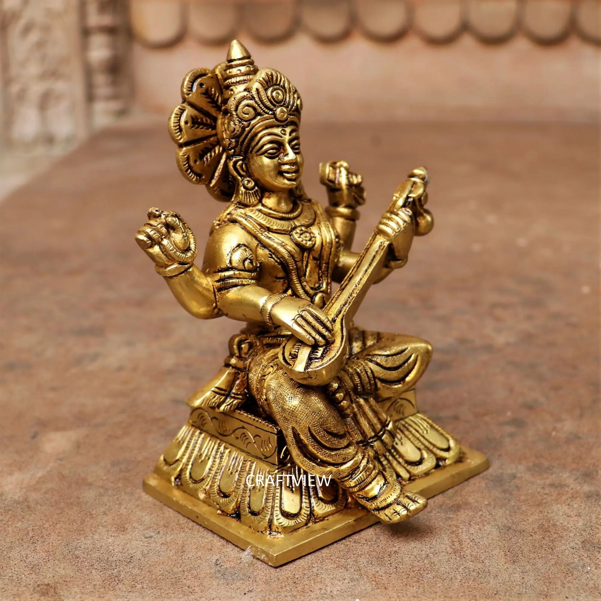 Brass Sarasvati Statue Sitting On Base 6" craftsview