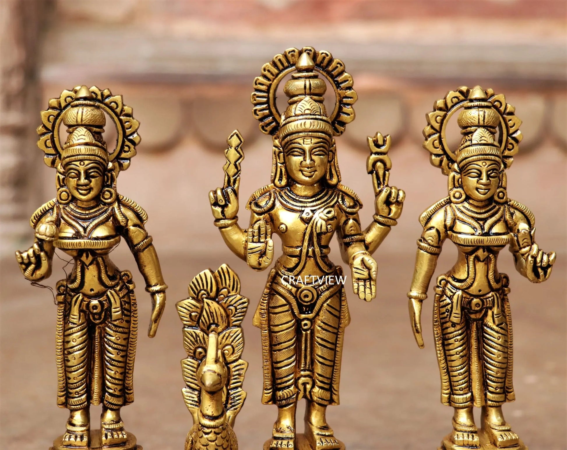 8" Brass Kartik (Murgan) With Lakshmi Statues Set of 3 Peace. Craftsview