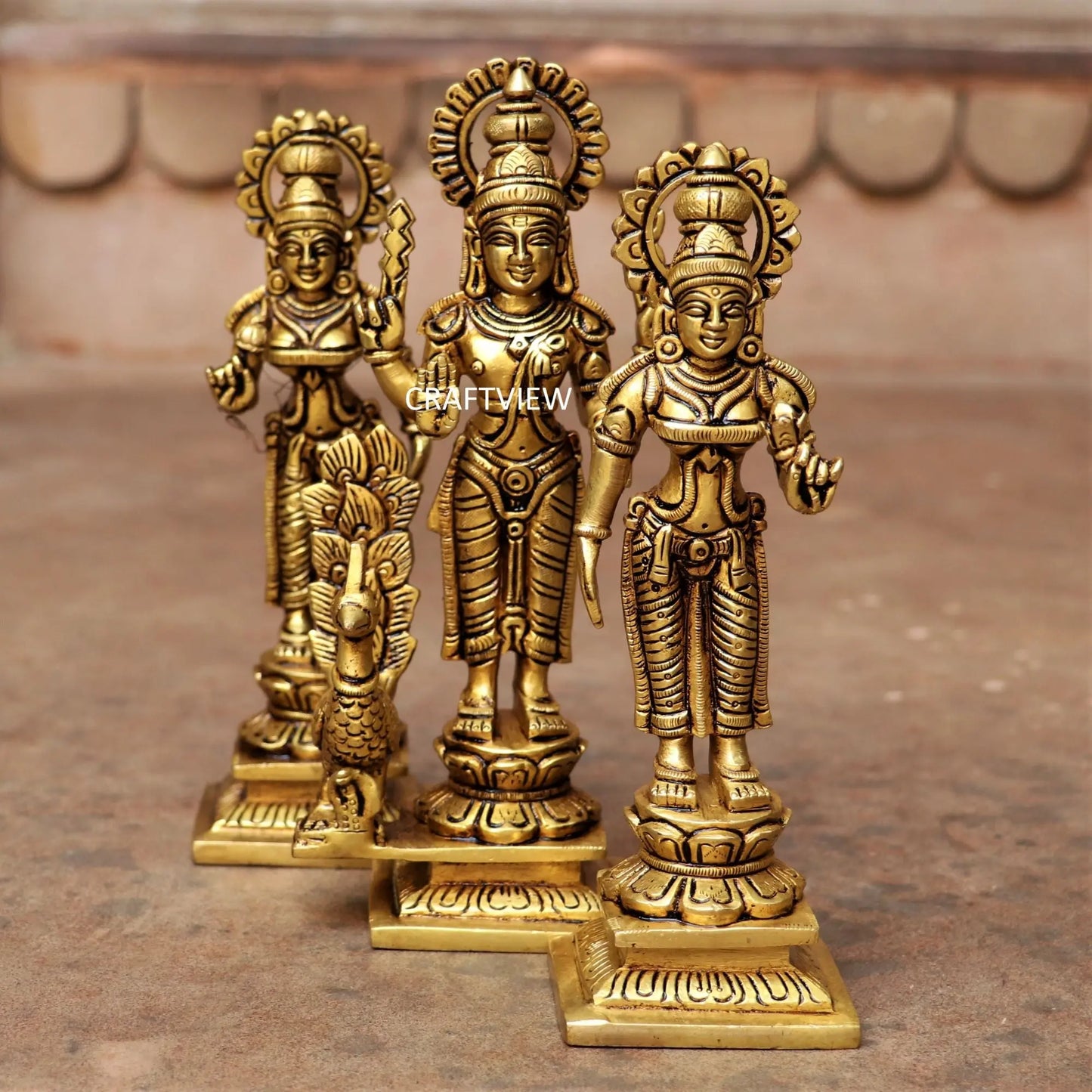 8" Brass Kartik (Murgan) With Lakshmi Statues Set of 3 Peace. Craftsview