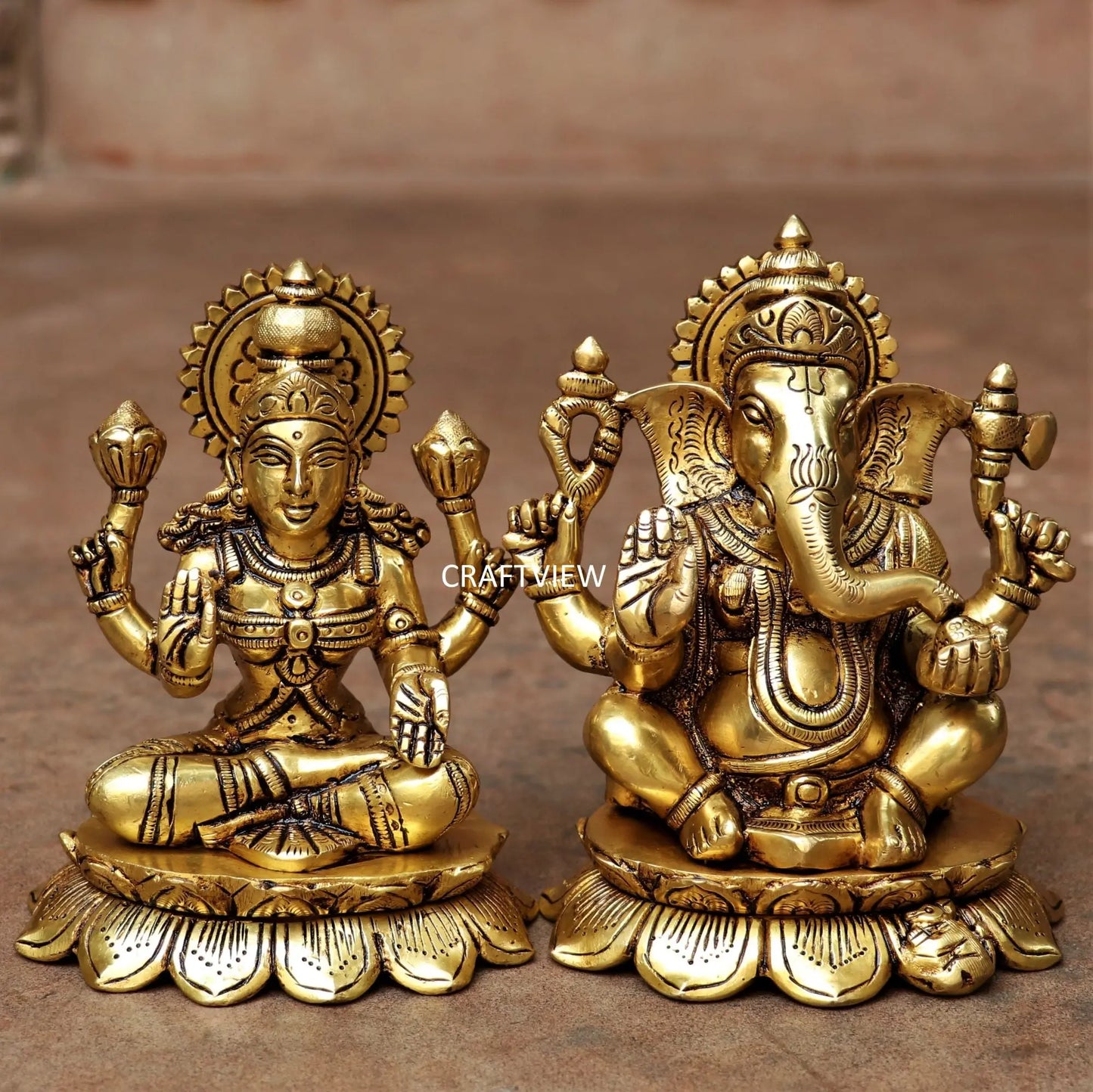 5.5" Brass Lotus Ganesh Lakshmi Statue Craftsview