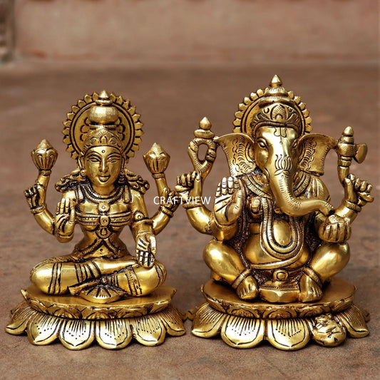 5.5" Brass Lotus Ganesh Lakshmi Statue Craftsview