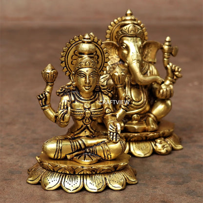 5.5" Brass Lotus Ganesh Lakshmi Statue Craftsview